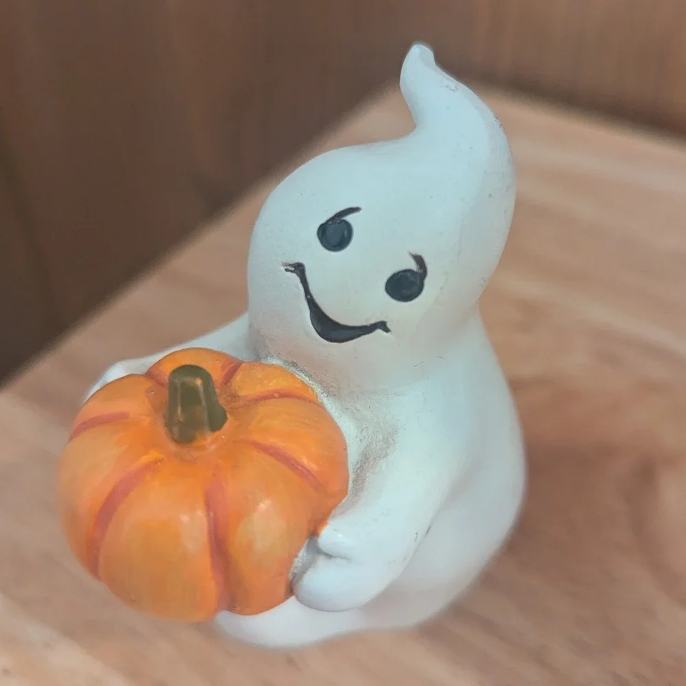 VTG Halloween Ghost Figurine w/ Pumpkin Small Spooky Seasonal Decor White Orange